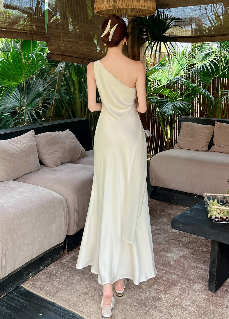 Elegant Cream White One-Shoulder Satin Slit Maxi Dress with Sheer Overlay