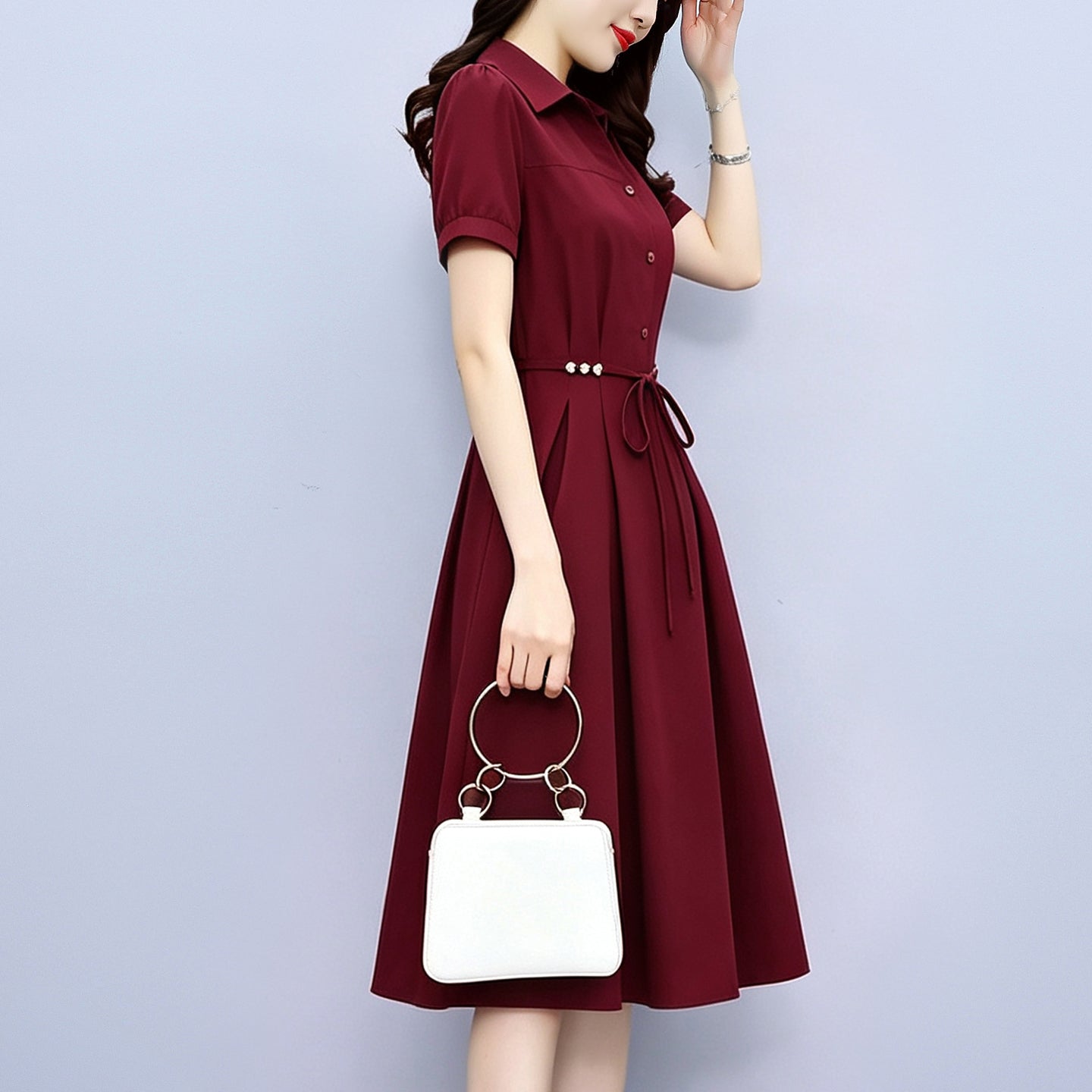 Plus Size Elegant Short Sleeve Shirt Dress with Tie Waist