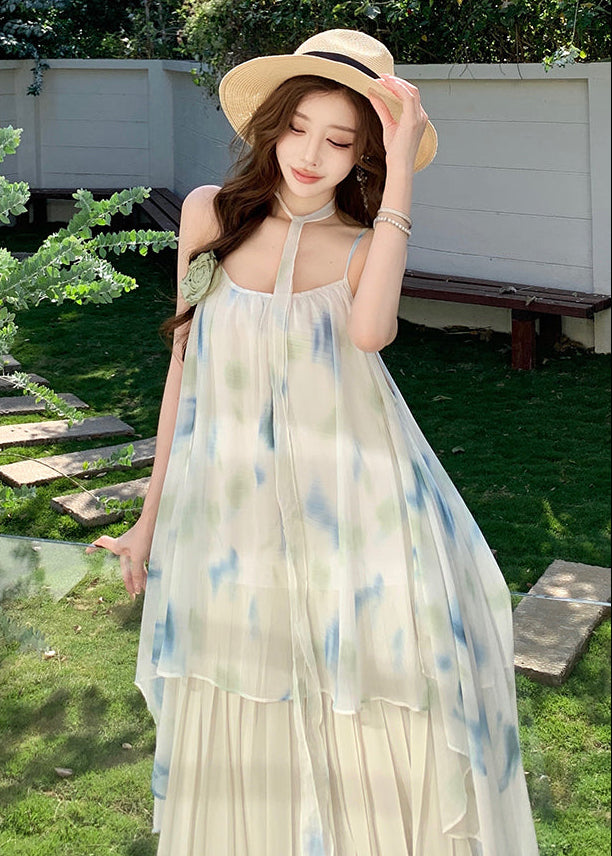 Dreamy Watercolor Print Pleated Chiffon Maxi Dress