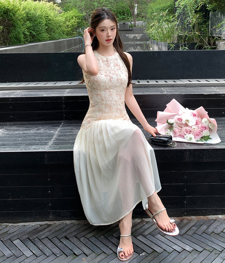 Petal Embroidery Tiered Dress
