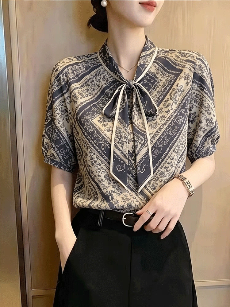 Evelyn Tie-Neck Short Sleeve Paisley Blouse