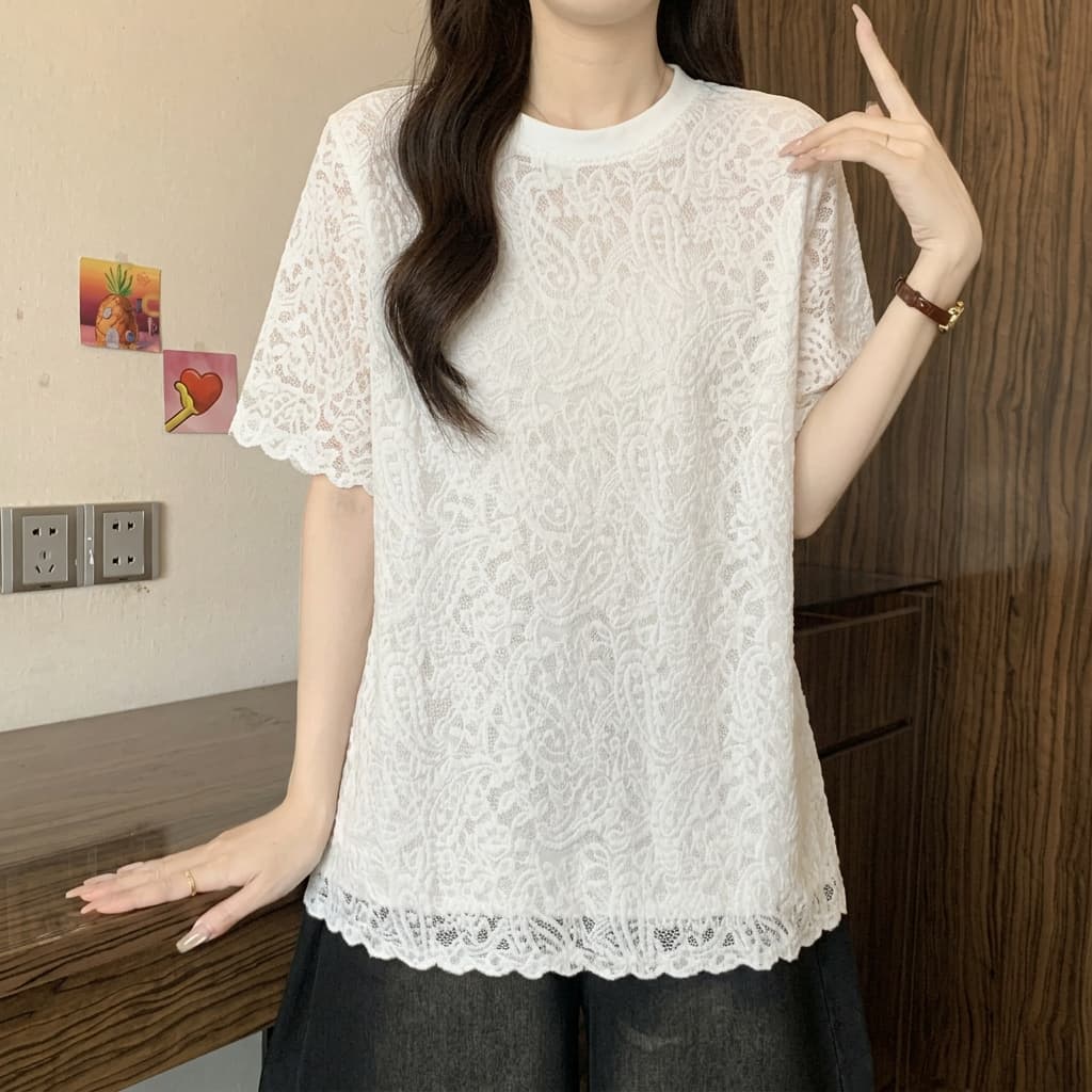 Plus Size Sheer Elegance Overlay Short Sleeve Blouse-Floral Lace