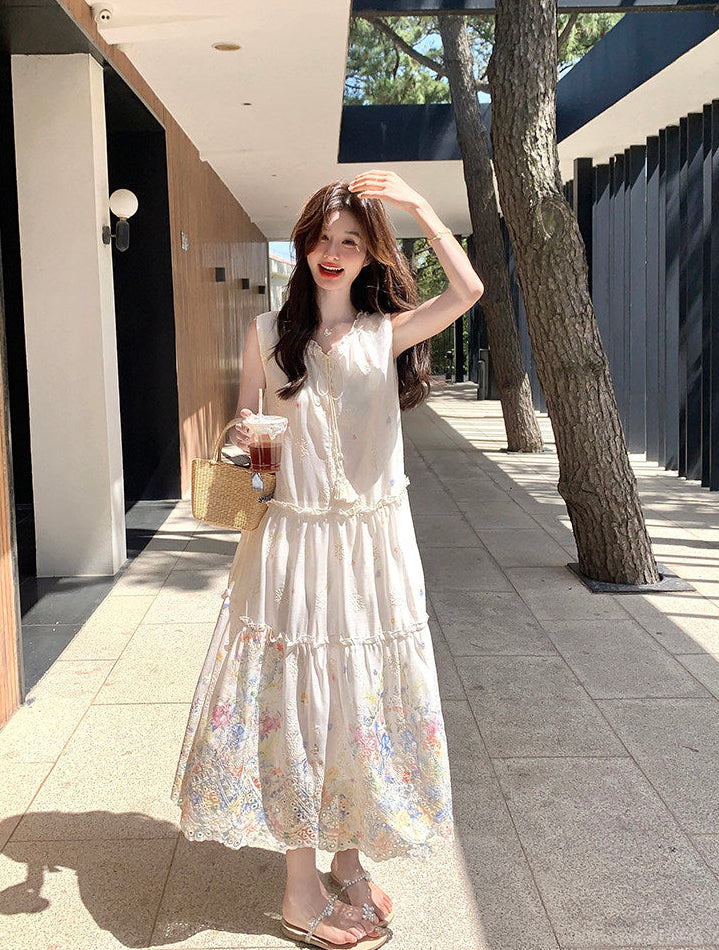 Floral Embroidered Eyelet Maxi Dress-Sleeveless Boho Tiered Sundress
