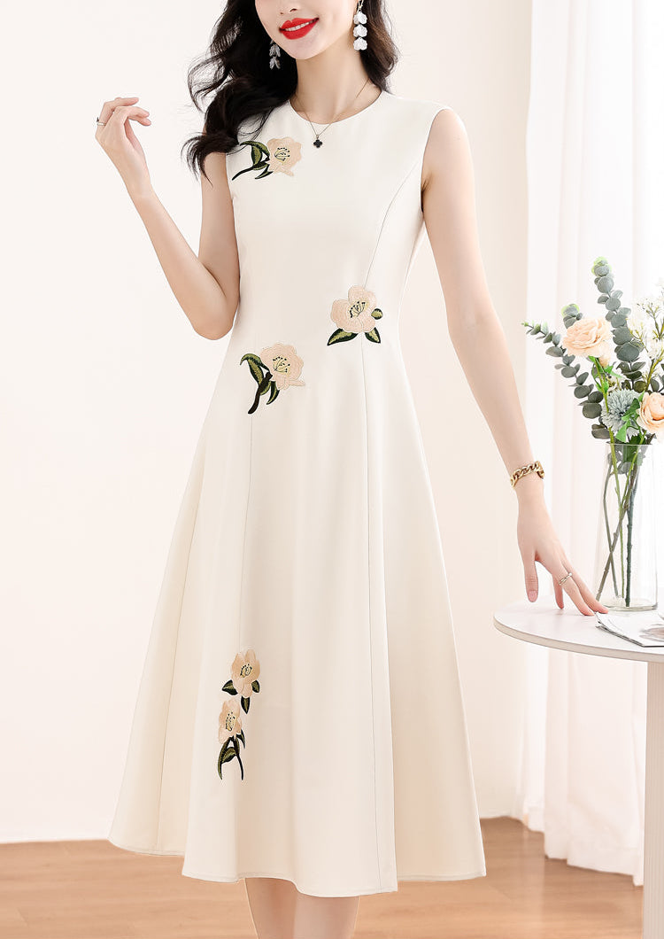 Floral Embroidery Sleeveless Ivory A-Line Midi Dress