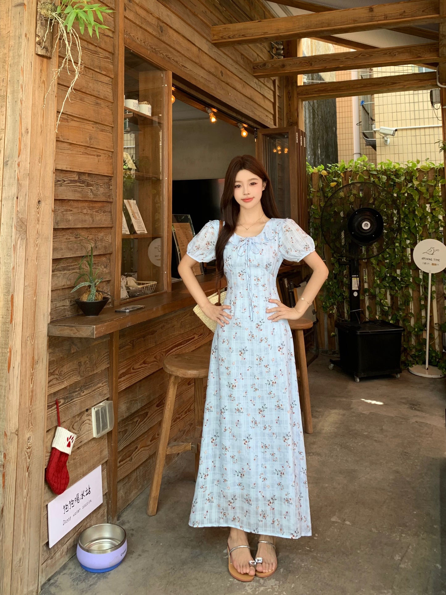Blue Floral Milkmaid Dress With Puff Sleeves