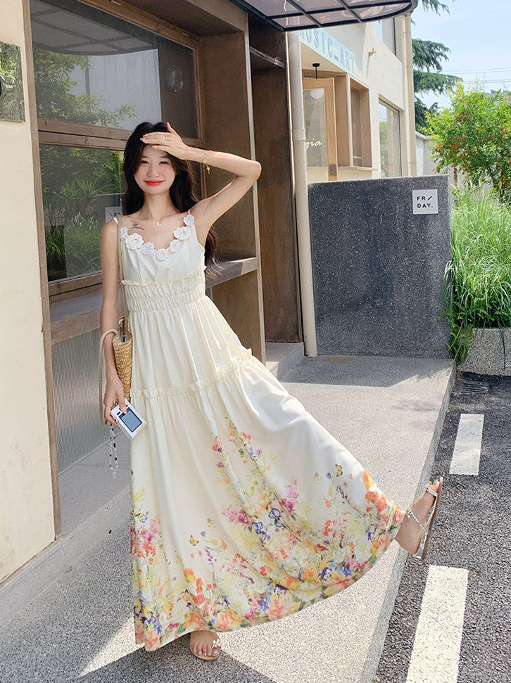 White Wildflower Border Print Maxi Dress With 3D Floral Straps