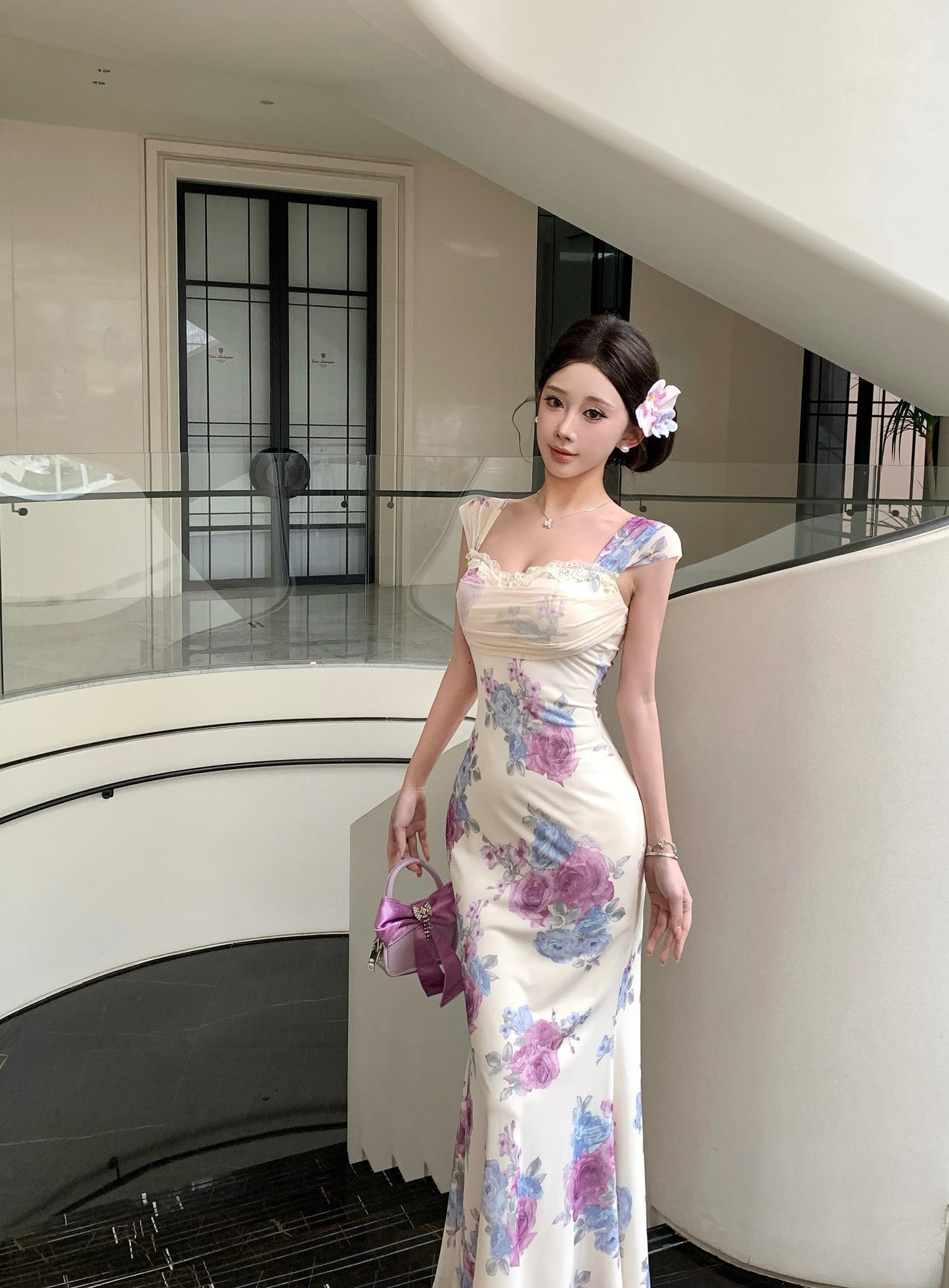 Floral Off-The-Shoulder Ruched Bust Lace-Trim Mermaid Maxi Dress