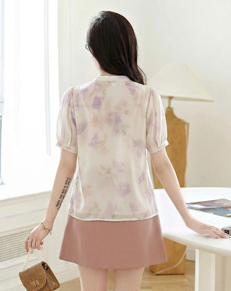 Watercolor Floral Pussy-Bow Blouse