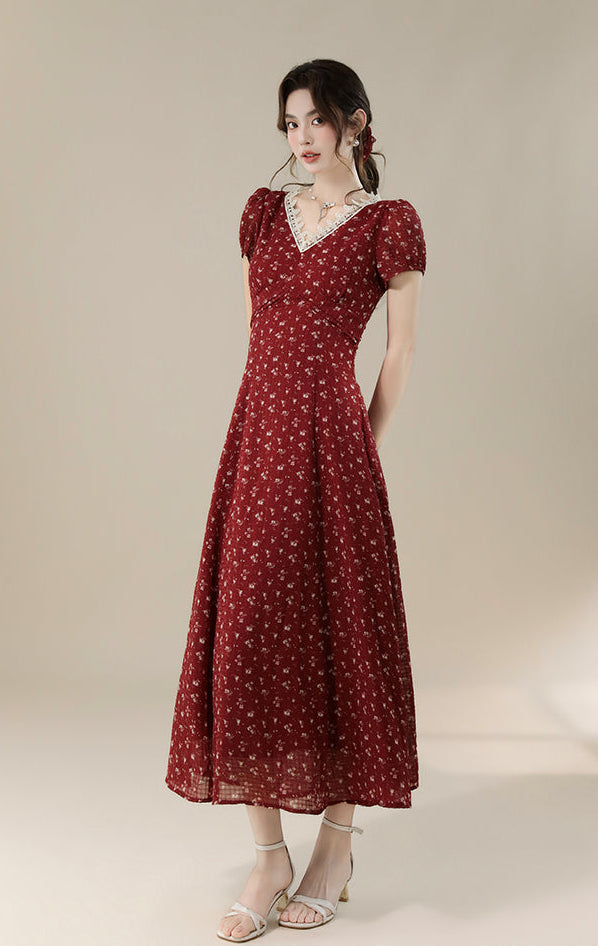 Vintage-Style Red Floral Midi Dress With Lace Trim And Puff Sleeve