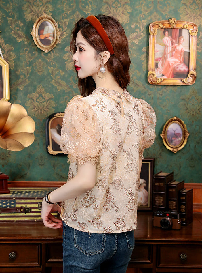 Vintage Rose Victorian Lace Puff-Sleeve Blouse