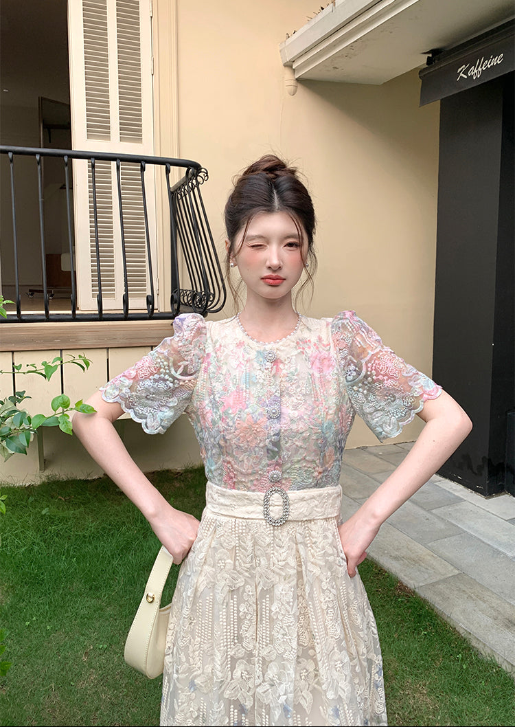 French Style Floral Overlay Puff Sleeve Lace Dress