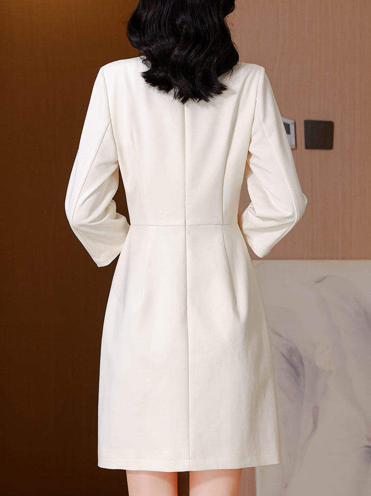 French Elegance Contrast Velvet Bow Off-White Sheath Dress