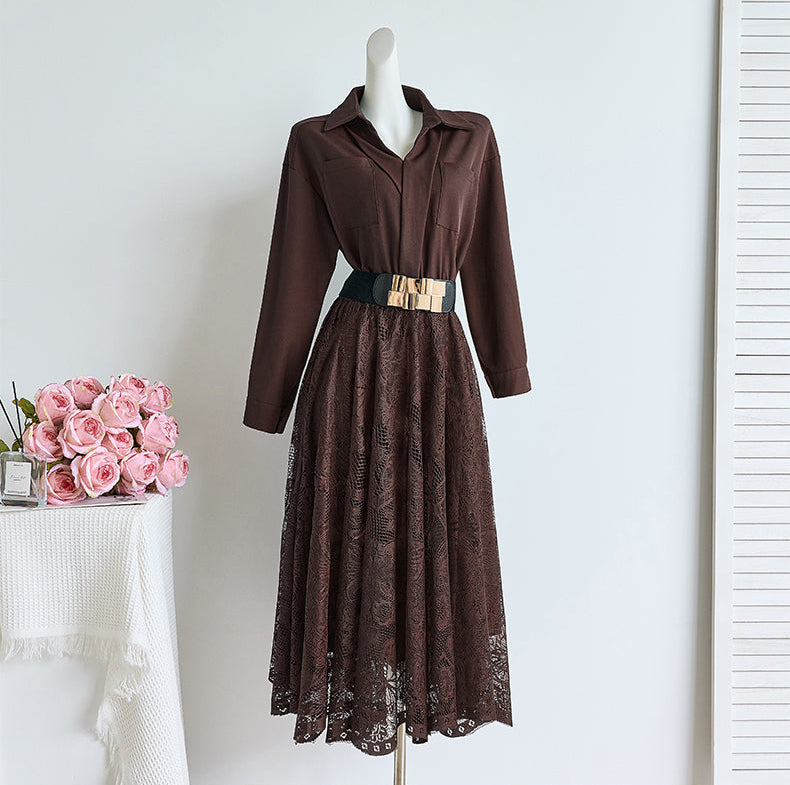 French Elegant Collared Long Sleeve & Floral Lace Patchwork Dress