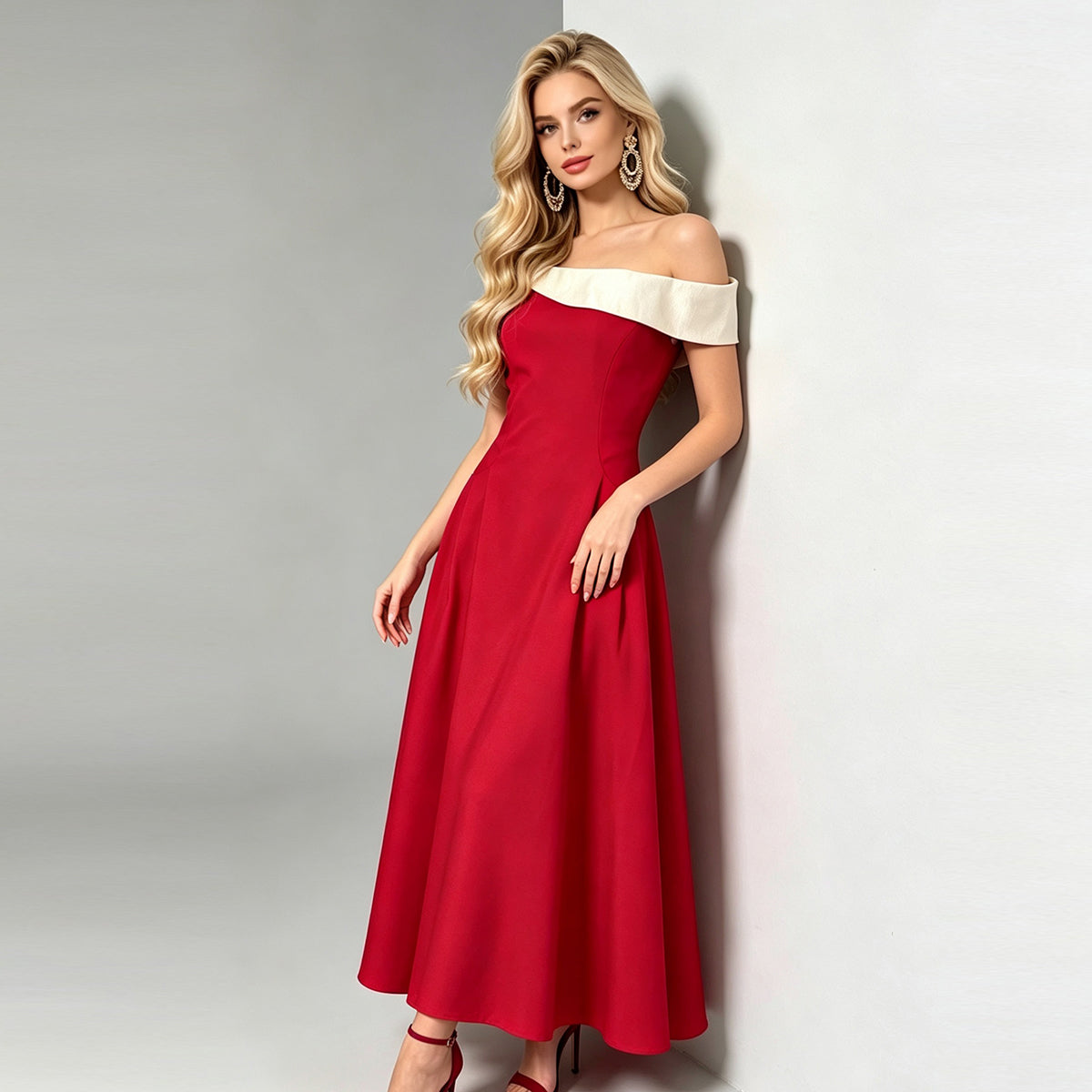 French Hepburn Style Off-Shoulder Color-Blocked Slim-Fit Maxi Dress