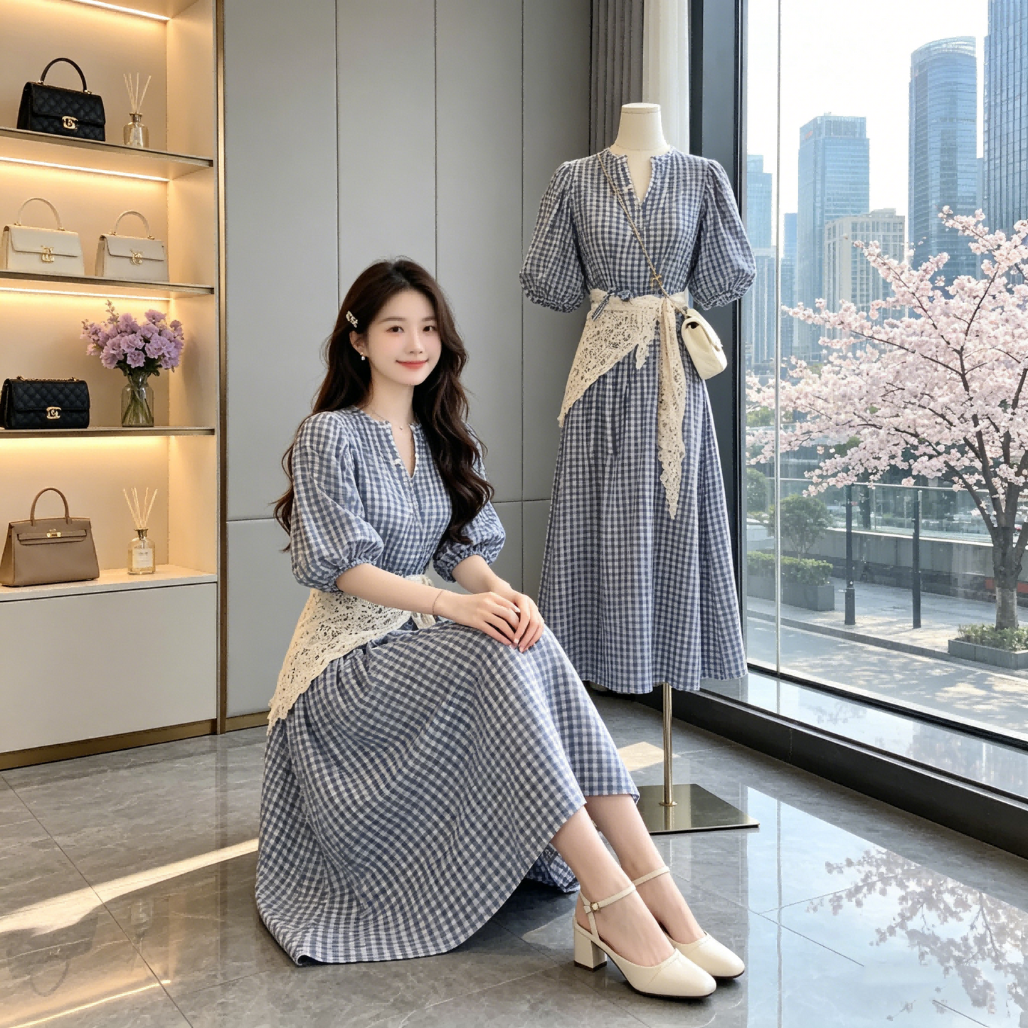 French Retro Blue Gingham Puff Sleeve Dress-V-neck A-Line Midi Dress With Lace Belt