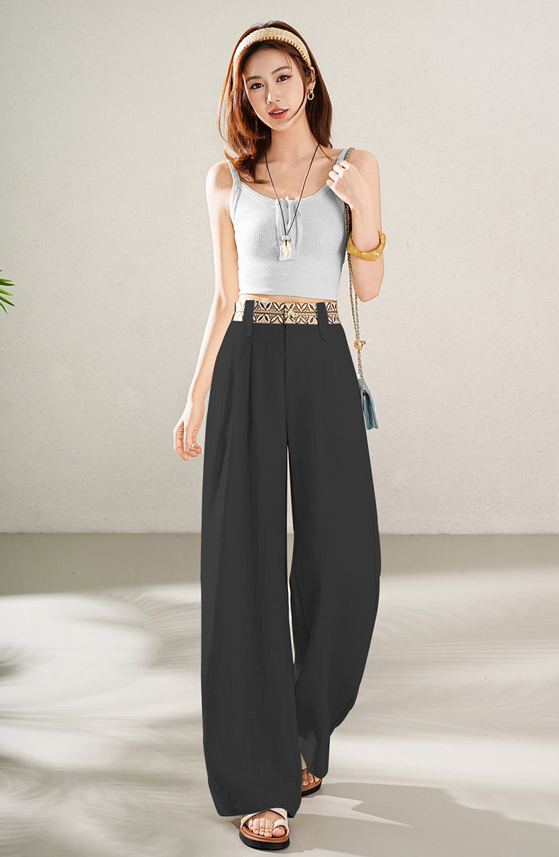 High-Waisted Wide-Leg Linen Pants with Boho Waistband