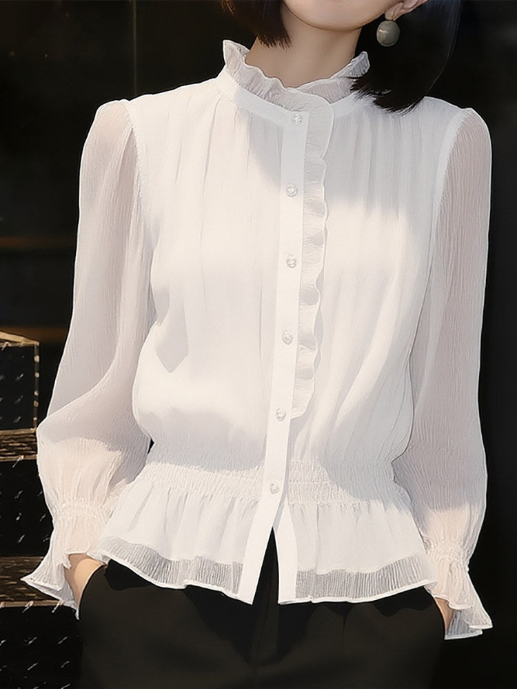 High-Neck Accordion Pleat Office Blouse