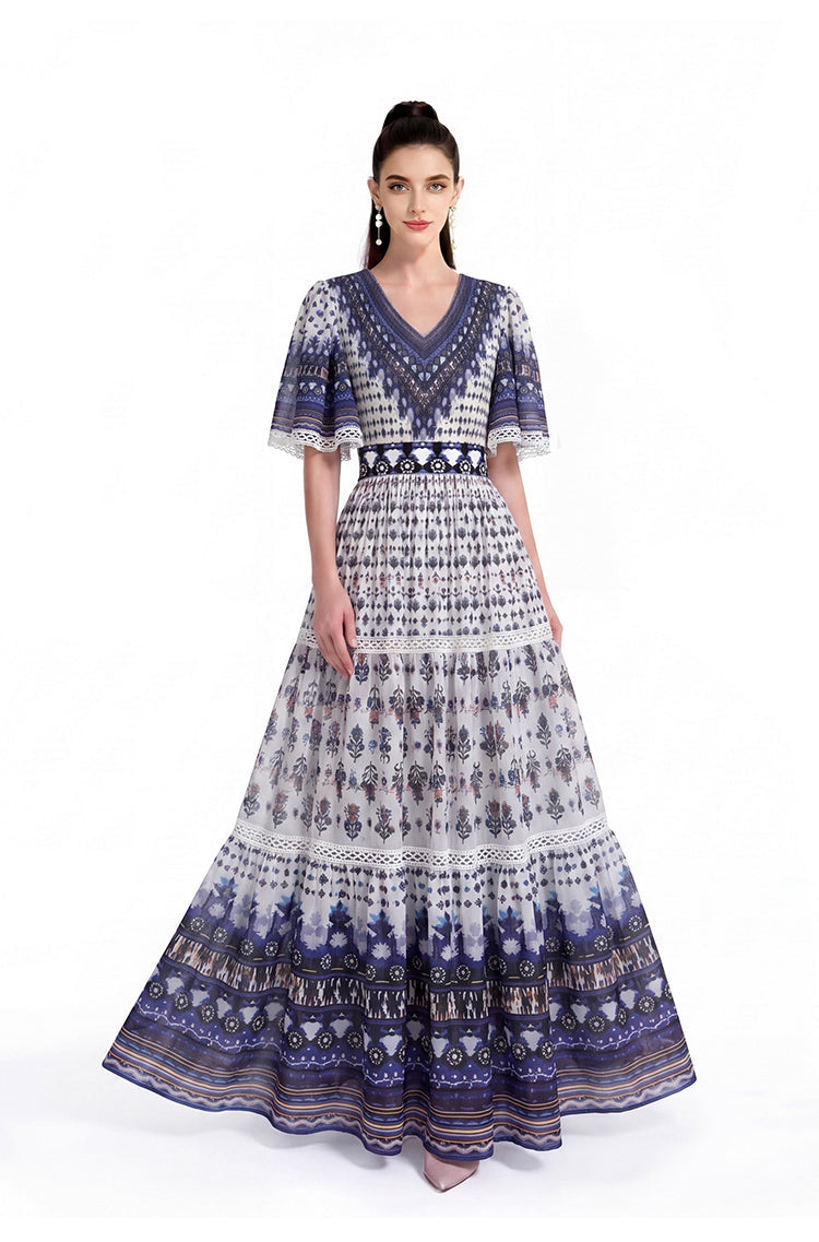 Indigo Dream Boho Tribal Printed V-Neck Tiered Maxi Dress