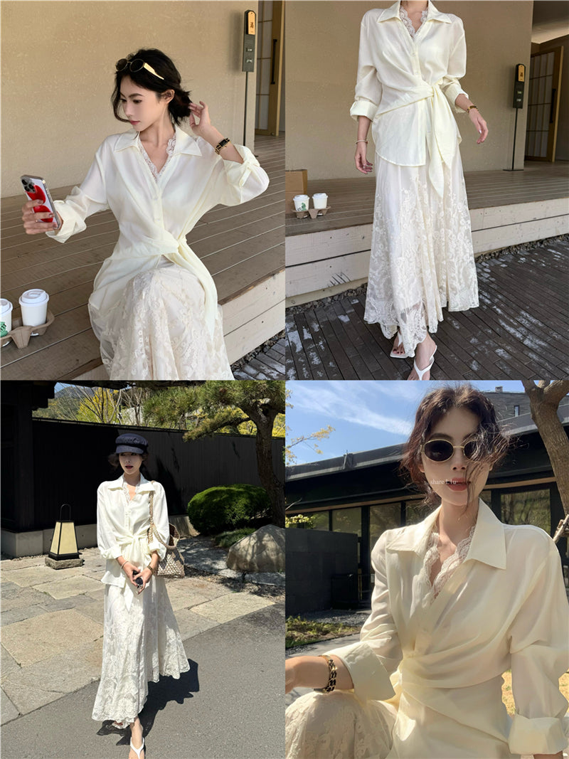 Ivory Silk-Style Wrap Tie Shirt Dress with Lace Hem