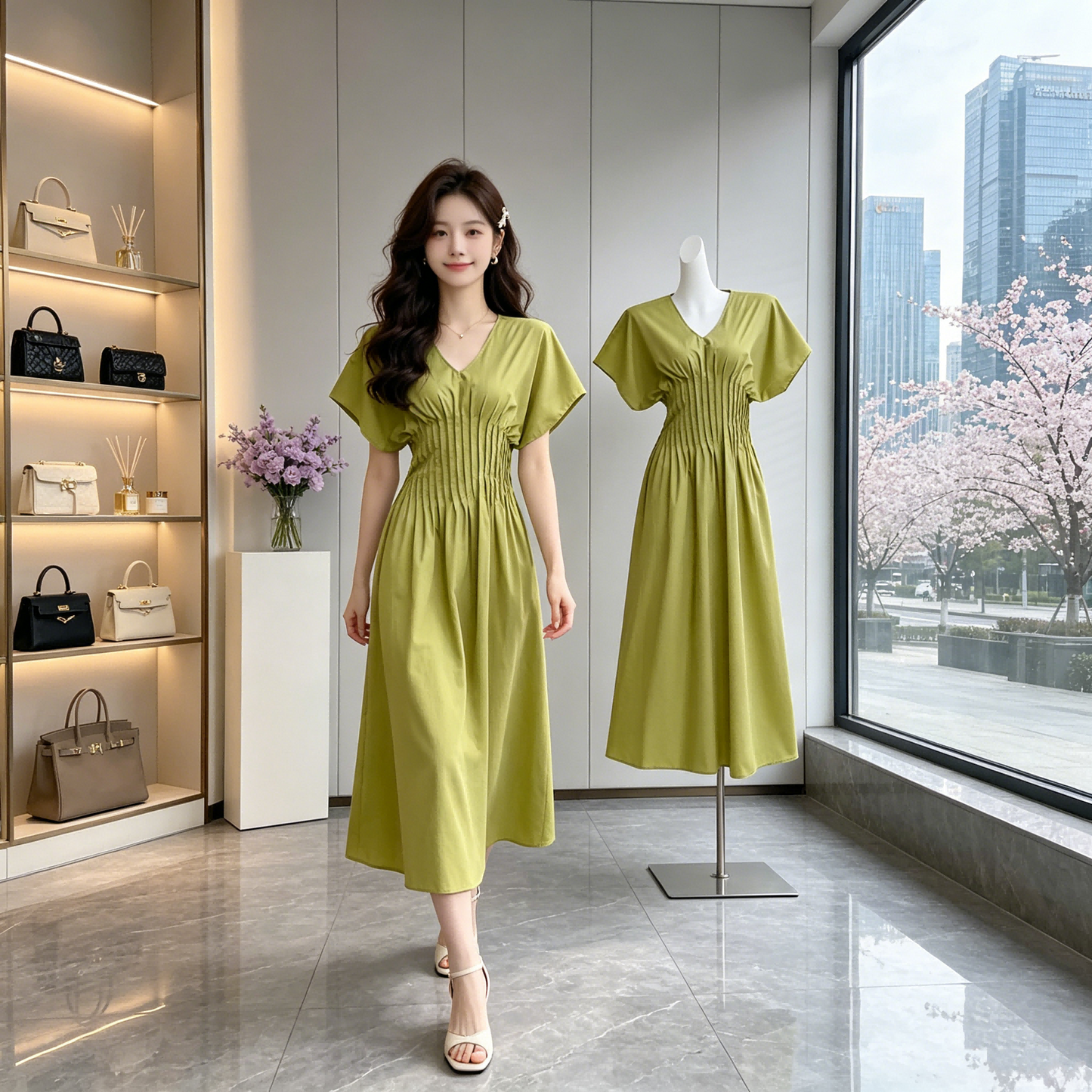 Flutter-Sleeve V-Neck Shirred Waist Midi Dress