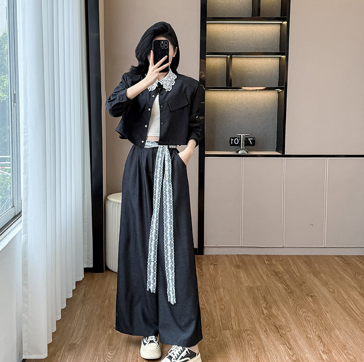 Plus Size Lace Collar Cropped Jacket & Wide-Leg Trouser Set