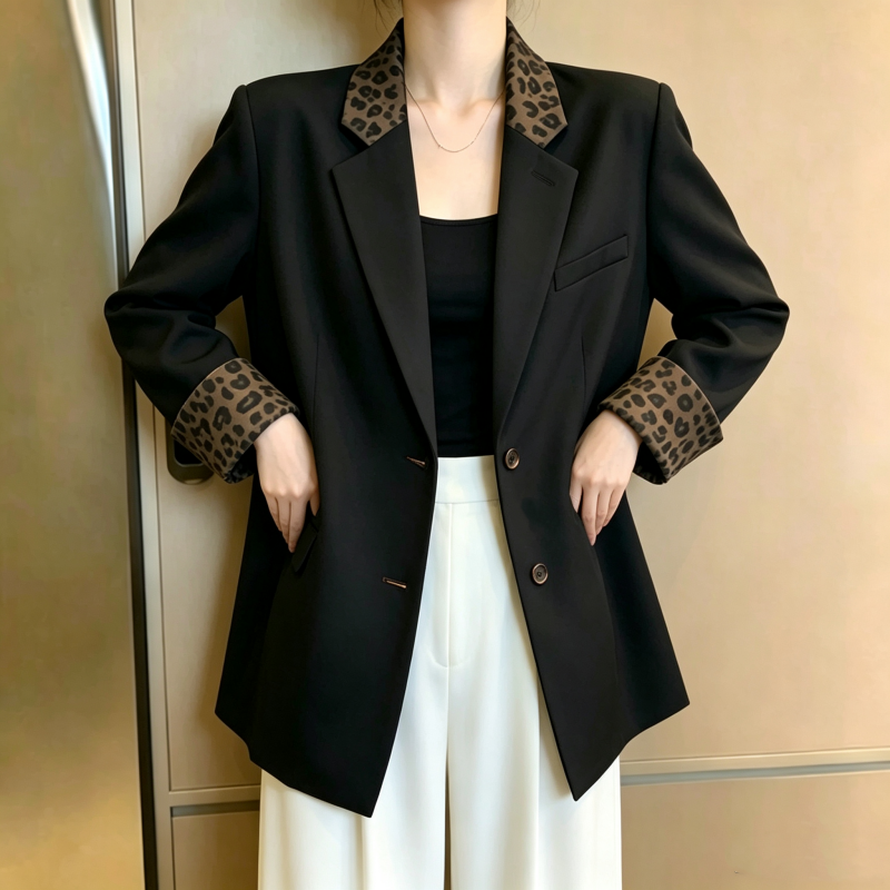 Korean Retro Leopard Patchwork Casual Black Blazer