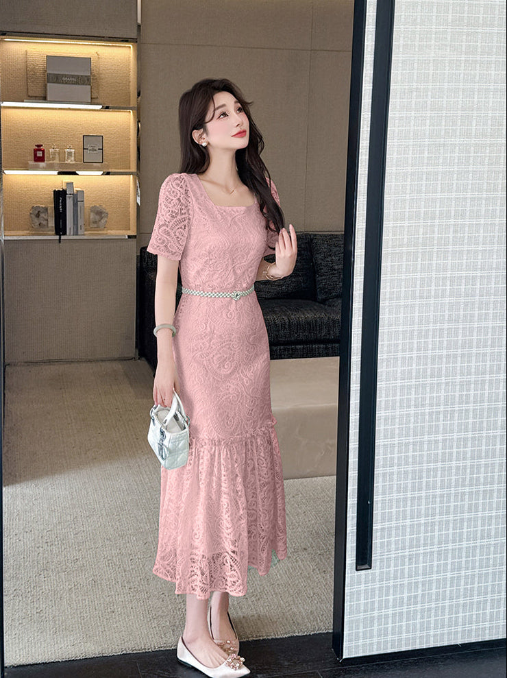 Aurelia Vintage Lace Mermaid Midi Dress- Floral Embroidery & Ruffle Hem