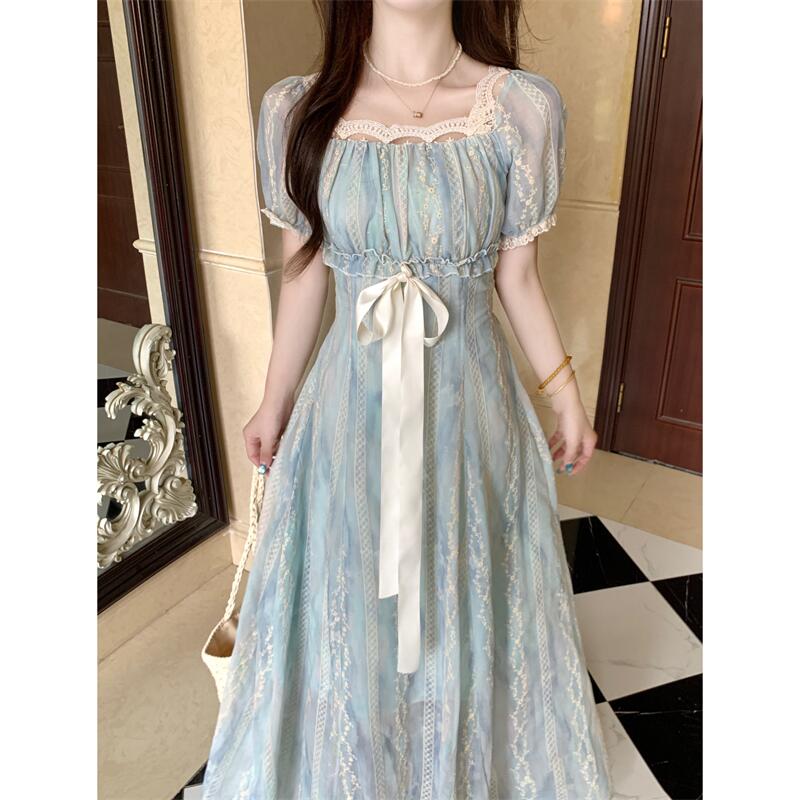 Light Blue Floral Lace A-Line Maxi Dress With Ribbon Tie Detail