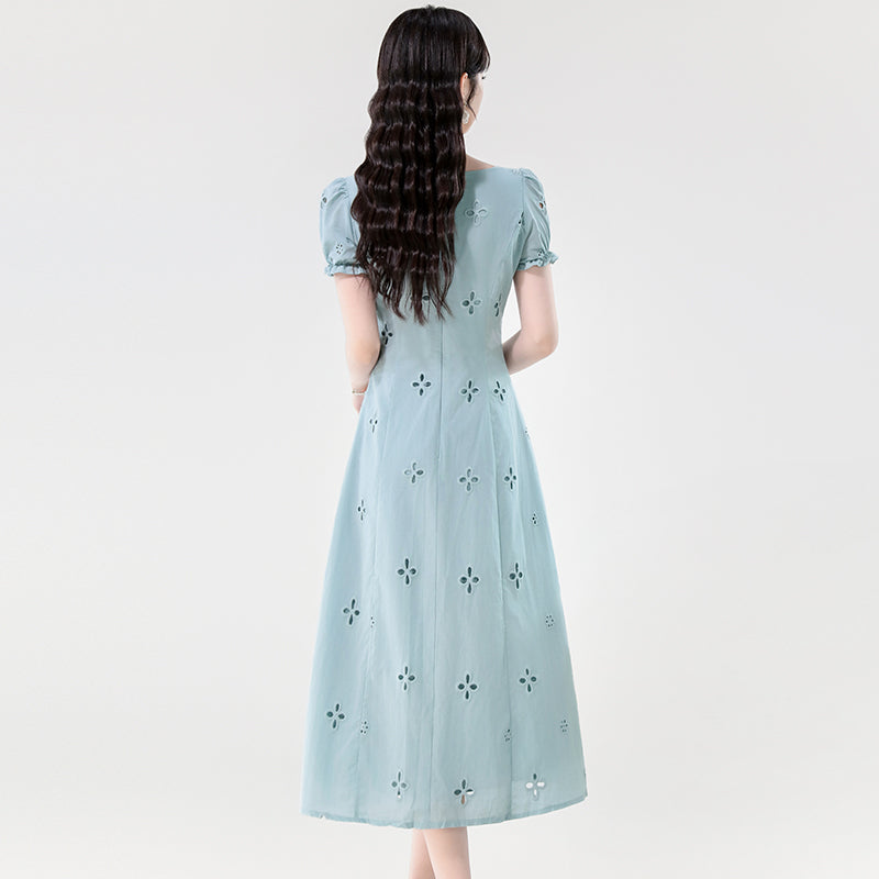 Light Blue Lace Square Neck Eyelet Puff Sleeve A-Line Dress