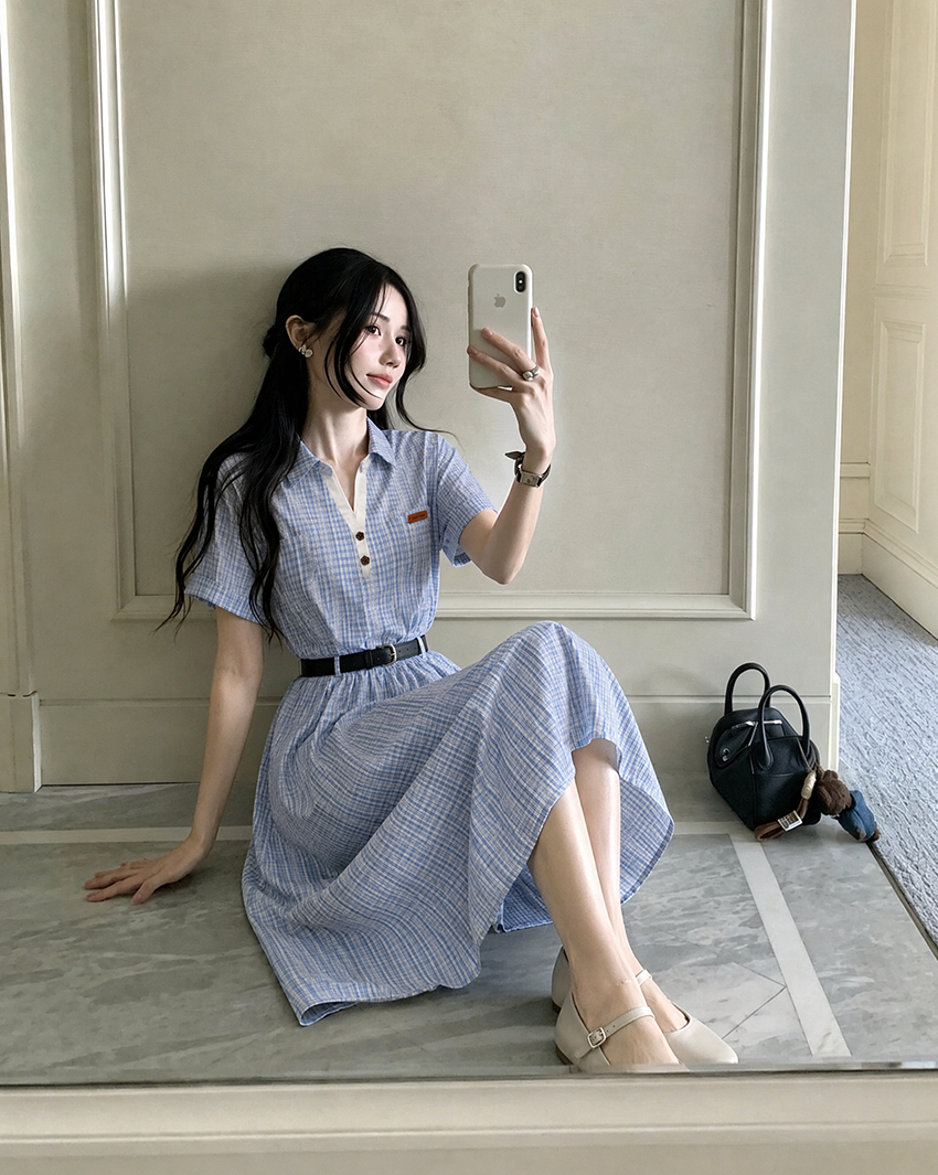 Light Blue Plaid Lapel Collar Pleated Midi Dress