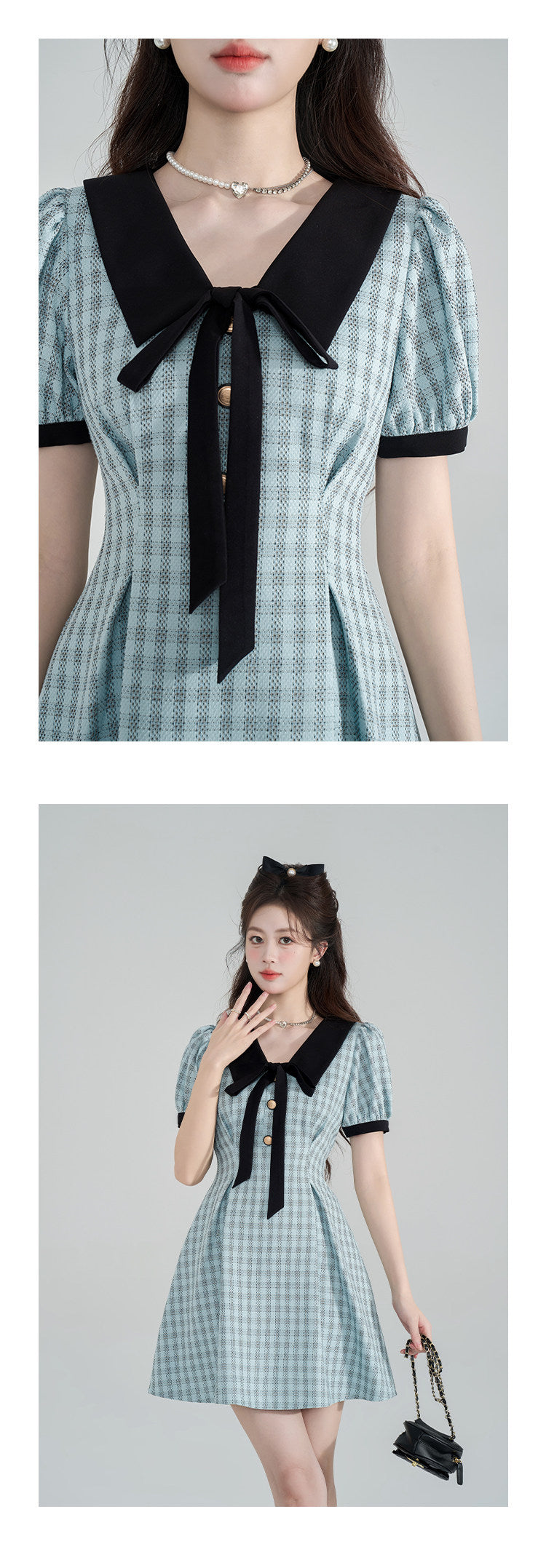 Light Blue Tweed Mini Dress with Black Sailor Collar and Bow