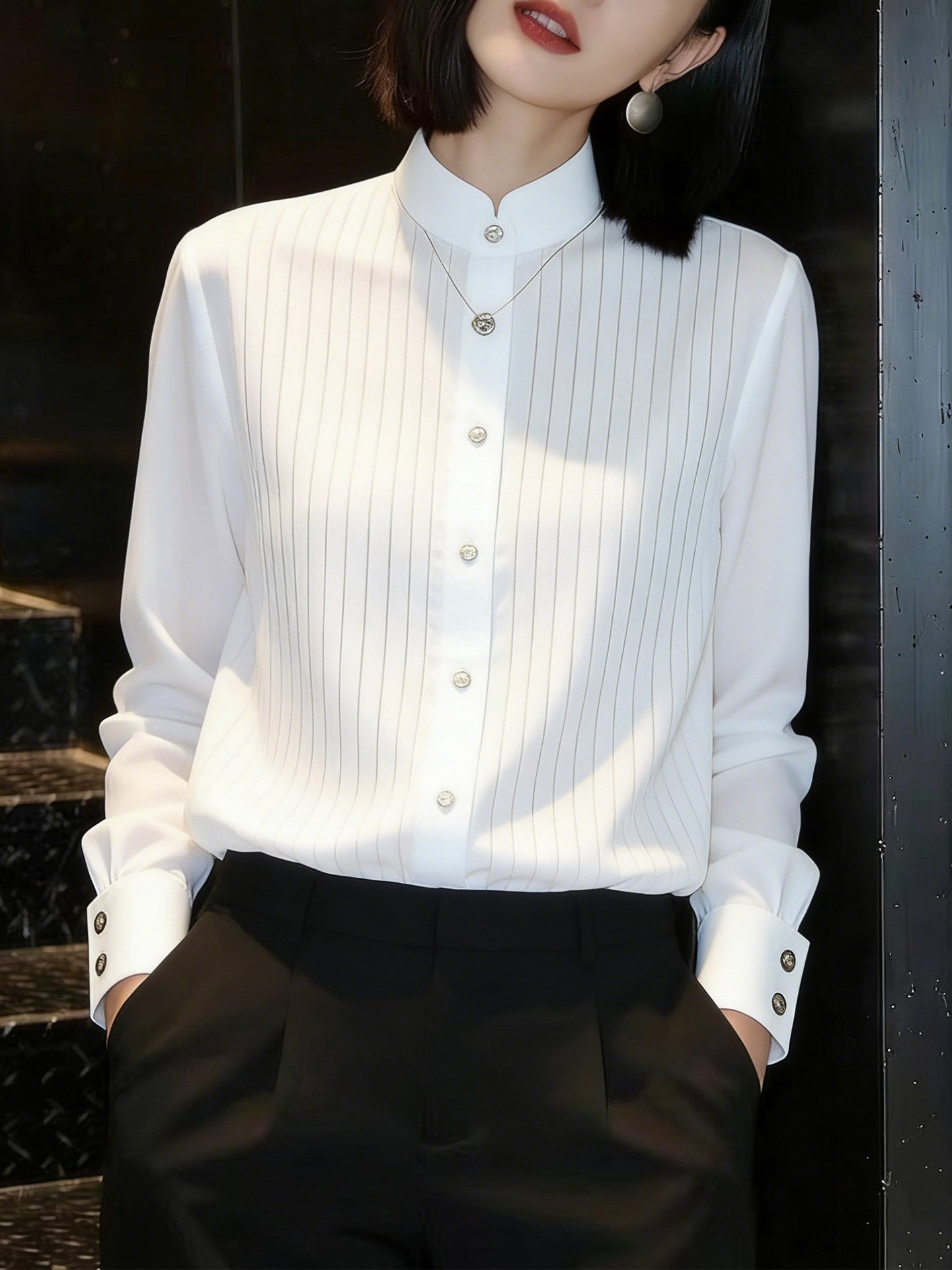 Linear Silk-Chiffon Stand Collar Blouse