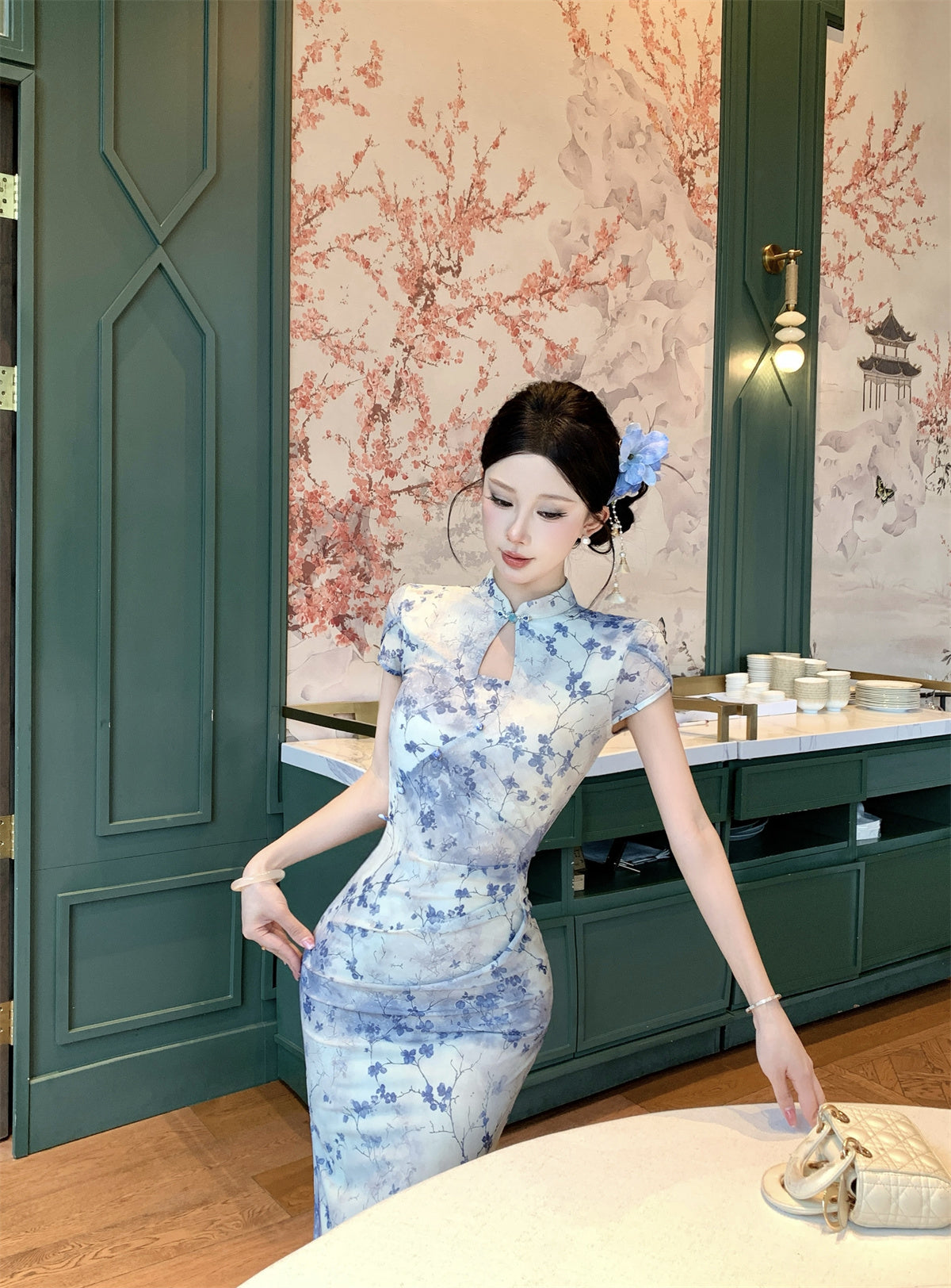 Blue and white Qipao Floral Maxi Dress
