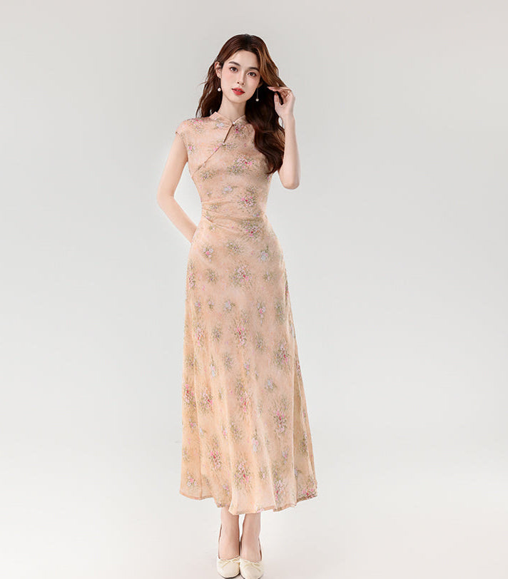 Ethereal Peony Modern Qipao - Pastel Floral A-Line Maxi