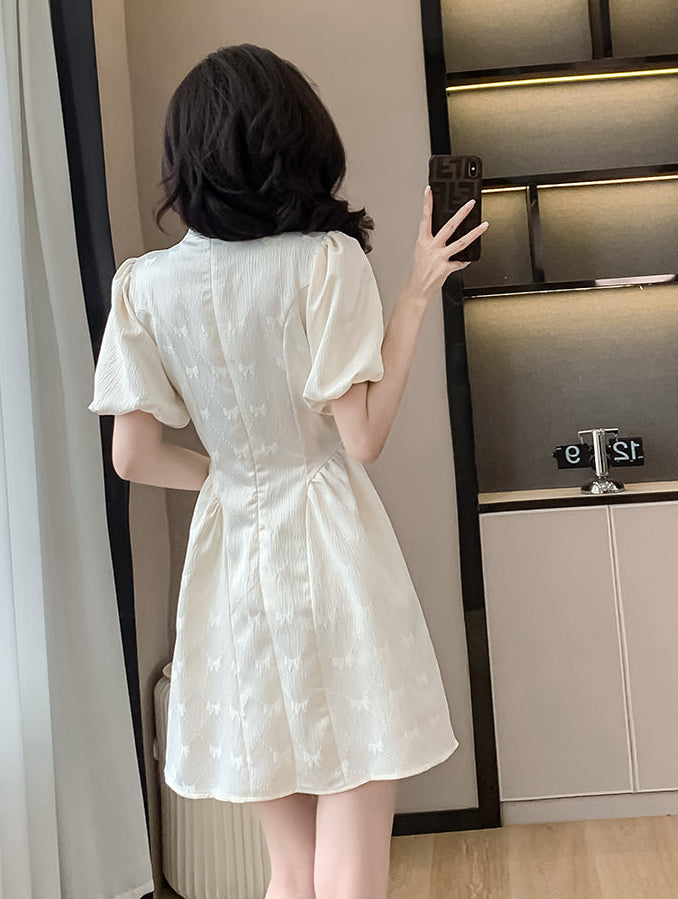 Aurora Cream Puff-Sleeve Cheongsam Mini Dress