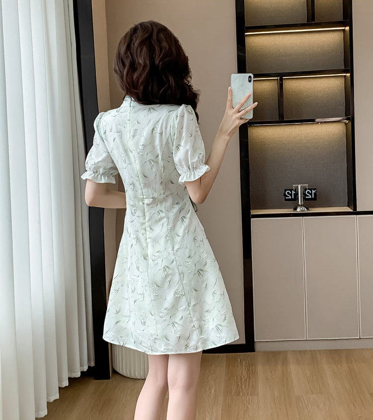 Modern Qipao Mini Dress With Side Lace-Up Corset Detail