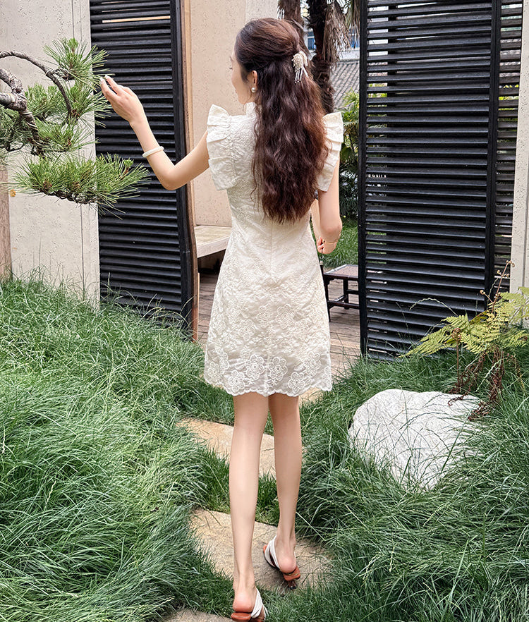 White Lace Modern Qipao Mini Dress-Two Piece Set