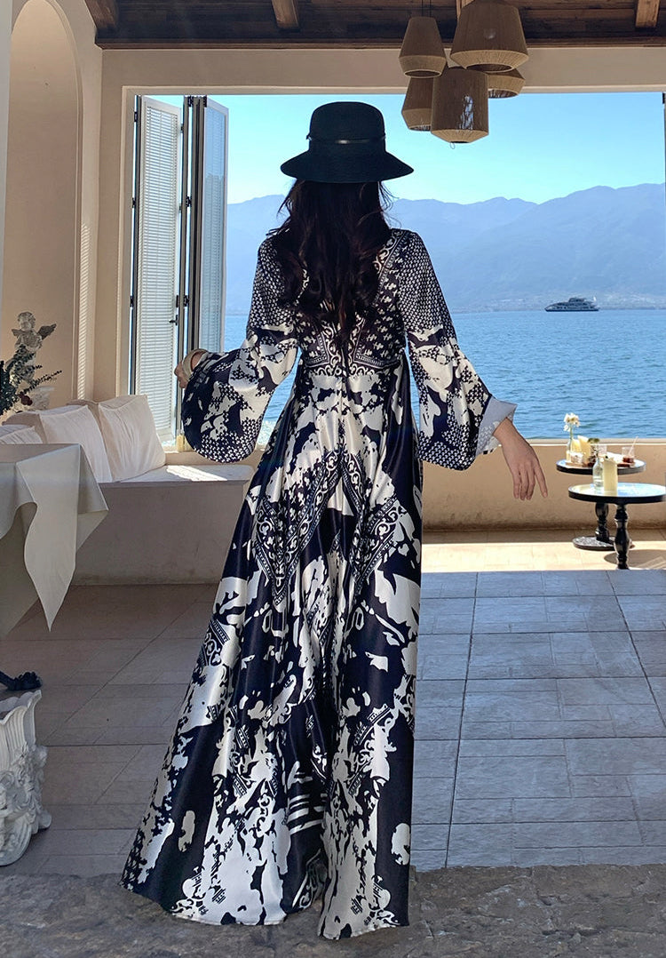 Monochrome Baroque V-Neck Silk-Finish Maxi Dress