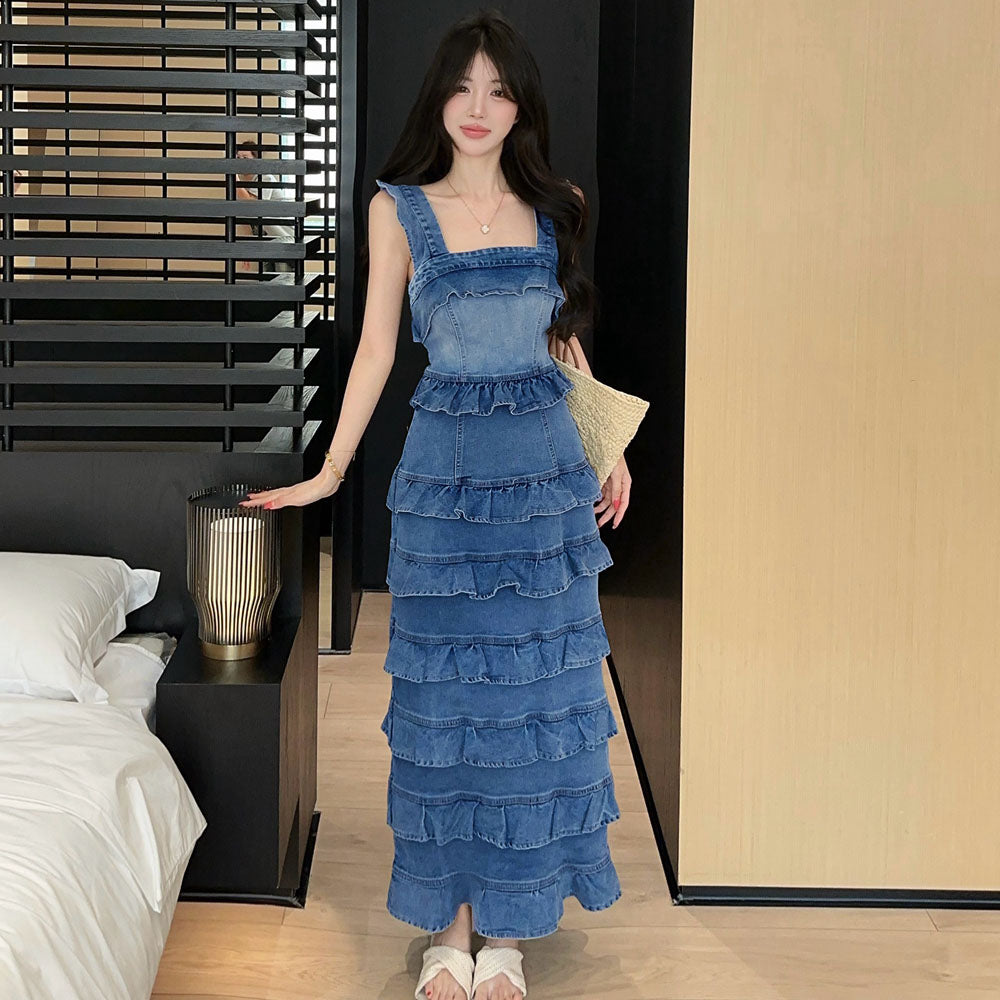 Sweetheart Tiered Denim Mermaid Dress