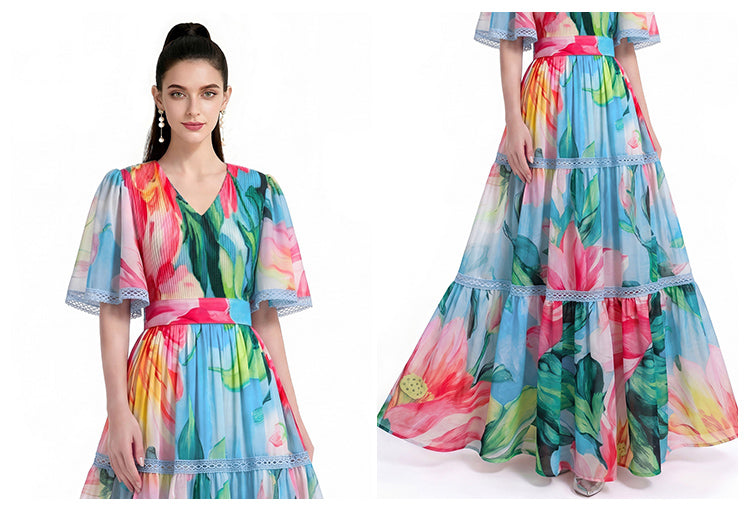 Multicolor Lotus Print Lace-Trimmed Maxi Dress