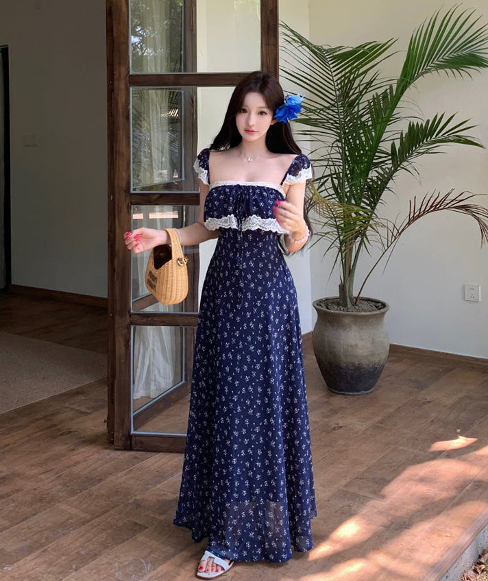 Navy Ditsy Floral Square-Neck Maxi With White Lace Overlay