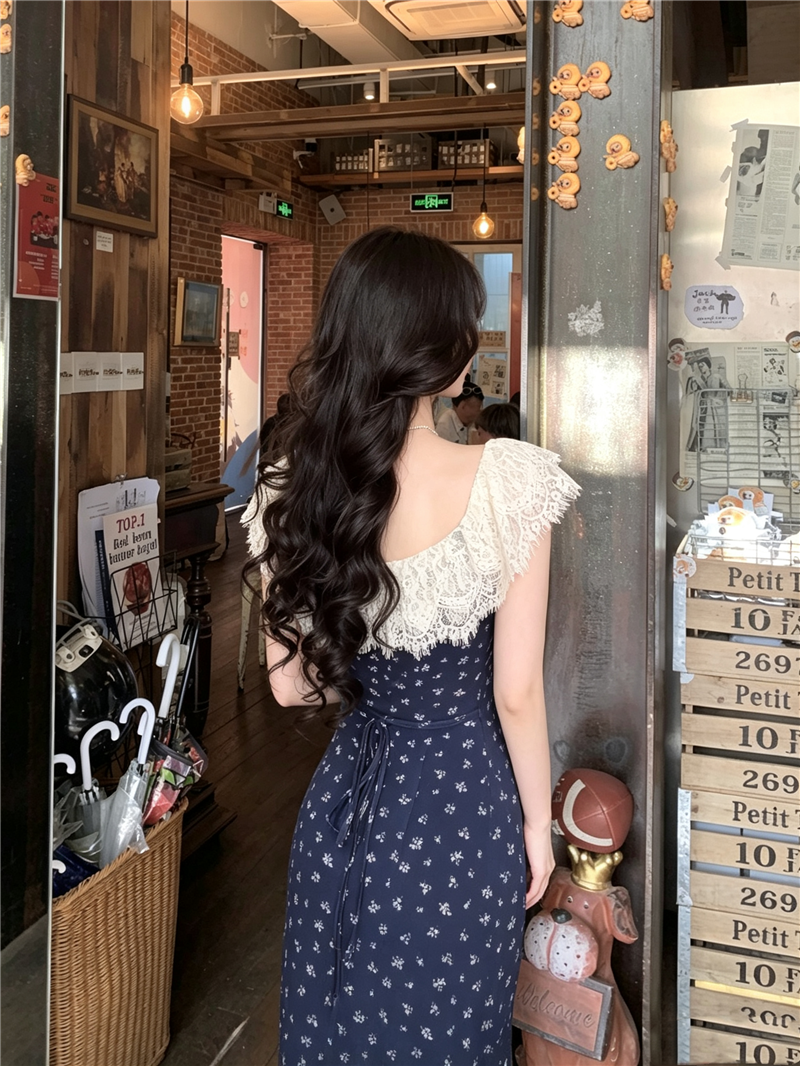 Navy Floral Lace-Flounce Off-Shoulder Midi Dress