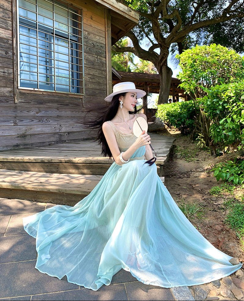 Ocean Breeze Lace-Trimmed Mint Maxi Dress
