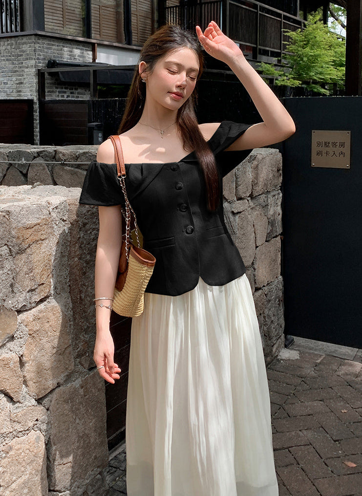 Off-Shoulder Button-Front Toilored Midi Dress With Pleated Chiffon Skirt
