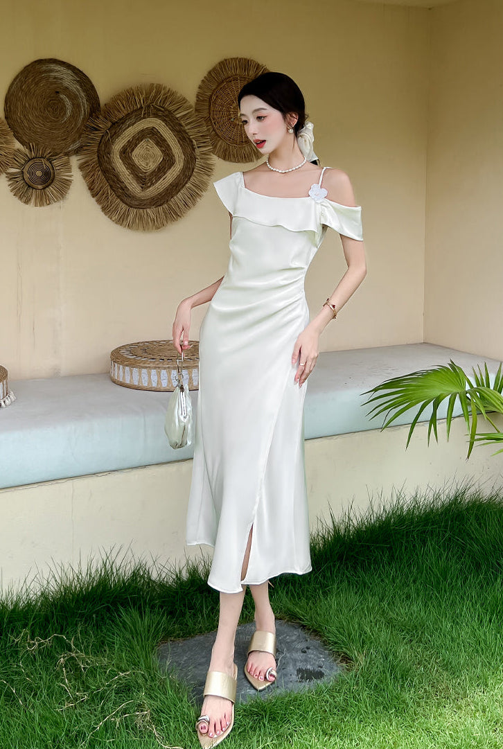 Elegant Off-Shoulder Satin Slip Dress With Side Slit