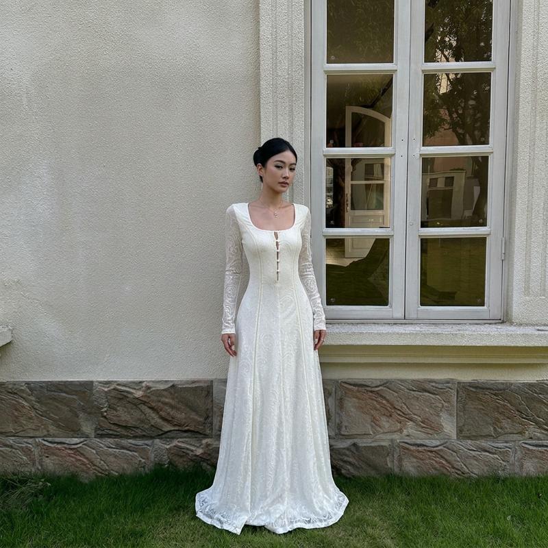 Off-White Floral Lace Long Sleeve A-Line Maxi Dress