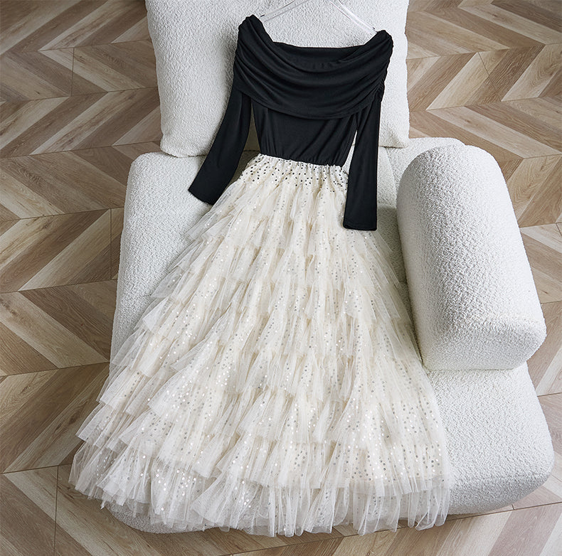 Off-the-Shoulder Ruched Long Sleeve & Sequin Tiered Mesh Maxi Dress