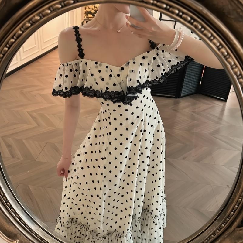 Off-the-shoulder White and black polka dot dress