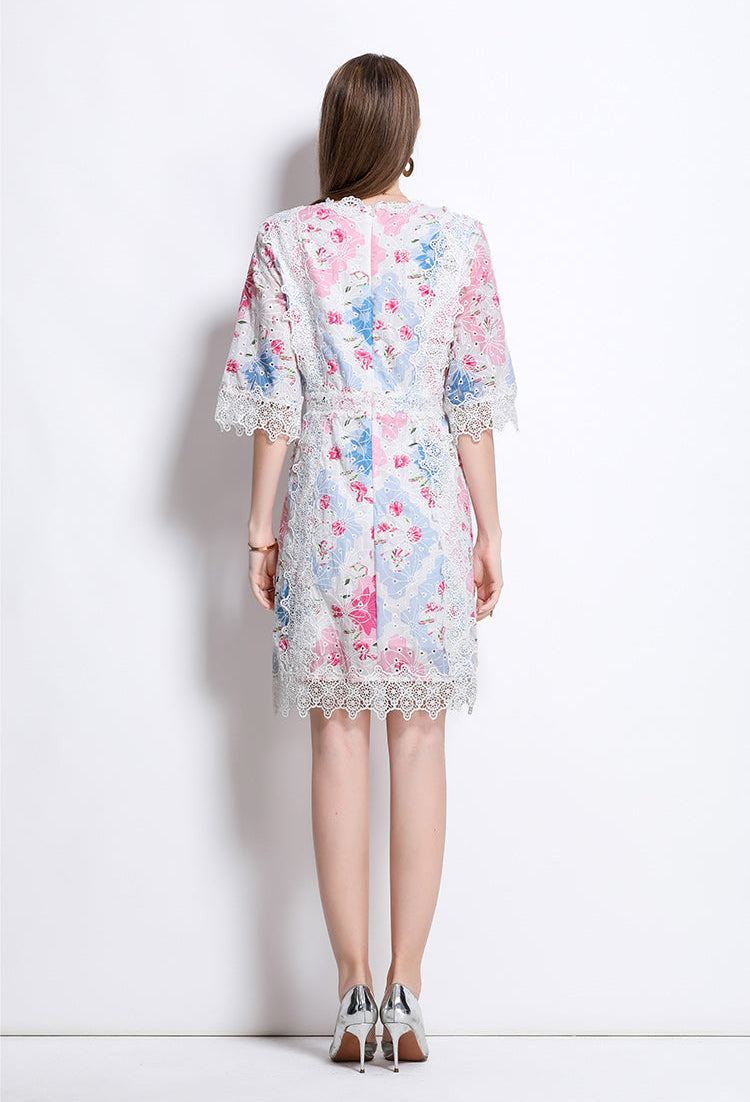 Pastel Floral Lace Overlay Knee-Length Dress