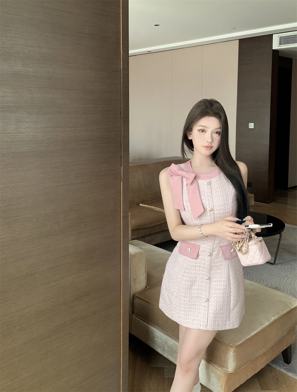 Pastel Pink Sleeveless Tweed Dress with Bow Shoulder